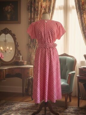 Meryl Fashions LTD Pink Polkadot Aline Dress With Belt I Love Lucy Look, SZ 14